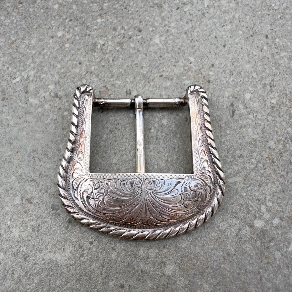 VTG Western Silverplate Belt Buckle‎ Engraved Floral Scroll Cowboy Rope Border